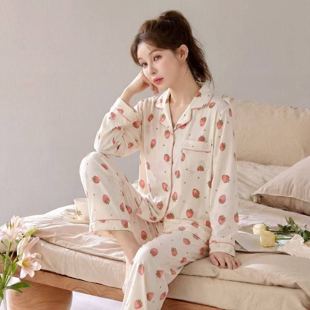 Spring and Autumn pure cotton pajamas women's long-sleeved trousers, strawberry printed cardigan loungewear set