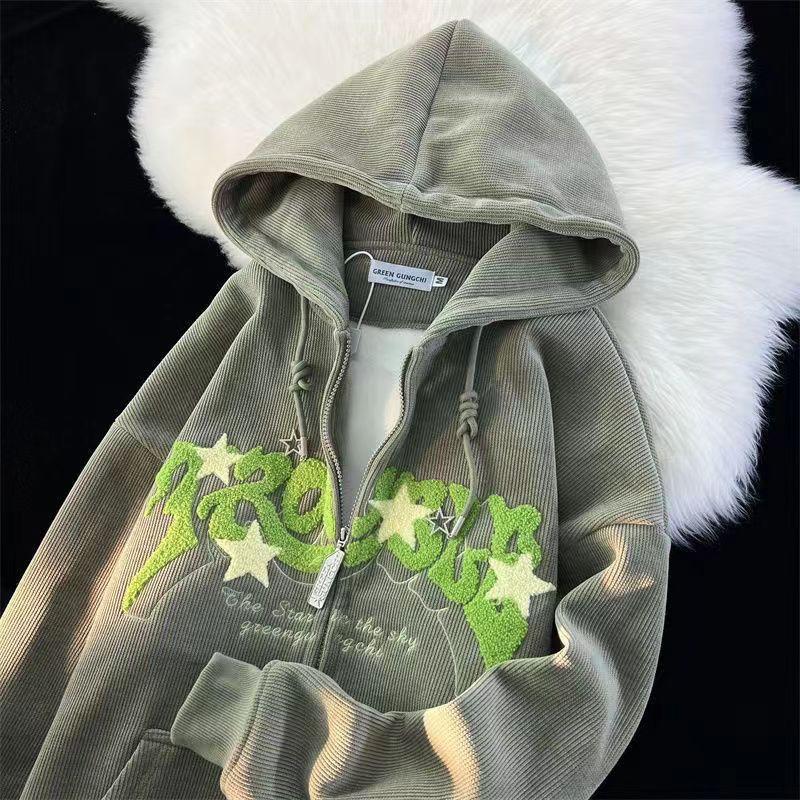 Dámské dopisní vyšívané mikiny podzim zima vintage mikiny na zip volné mikiny s kapucí Harajuku Y2K bunda s dlouhým rukávem oblečení