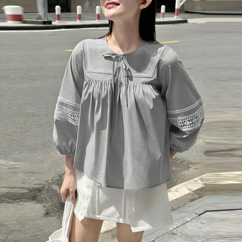 ZANZEA Women Casual Round Neck Loose 3/4 Sleeve Stripe Blouse