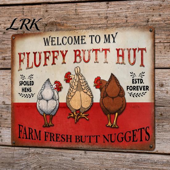 Barn And Coop Wall Art Fluffy Butt Hut Farm Sign, Vintage Chicken Metal Outdoor Sign Weatherproof Rustic Art, for Kitchen Backyard Farmhouse