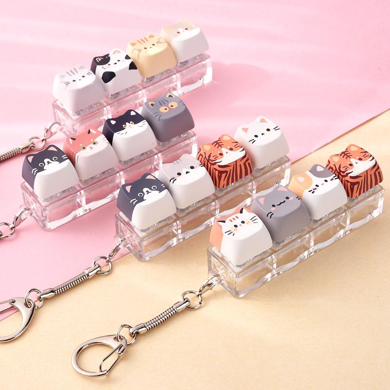1Pcs Cute Cat Keyboard Fidget 4 Keys Creative Design Keycap Keyring Finger Button Kawaii Mechanical Keyboard Keychain