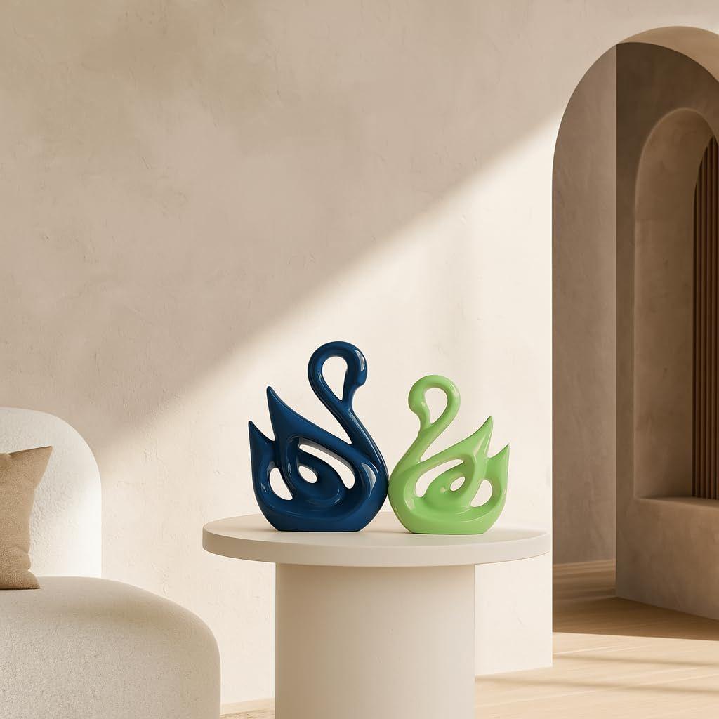 Lucky Swan Couple Piano Finish Ceramic Figures for Home Decor (Set of 2 Pc, Large, Navy Blue & Parrot)