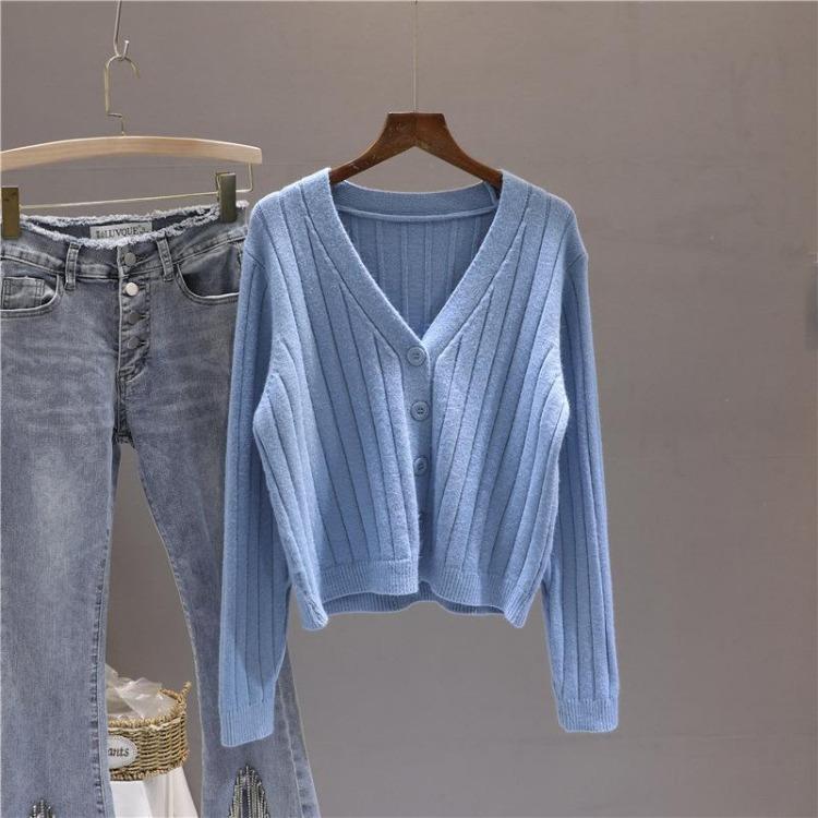 Women's V Neck Knitted Cardigan Short Jacket Loose Long Sleeve Autumn Versatile Outfit Top Sweater