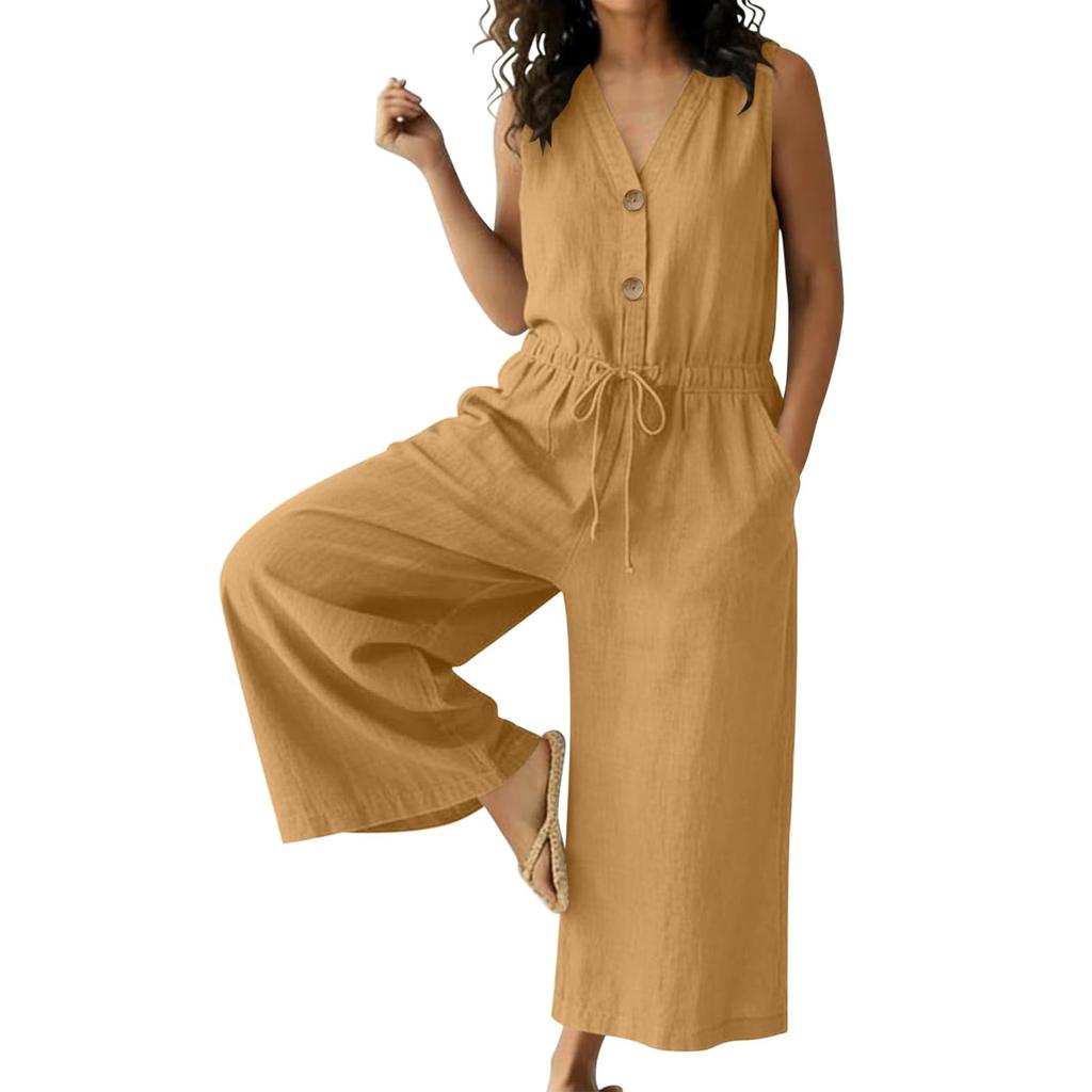 Women Button Down Sleeveless Rompers Wide Legs Cotton Linen Rompers With Pocket