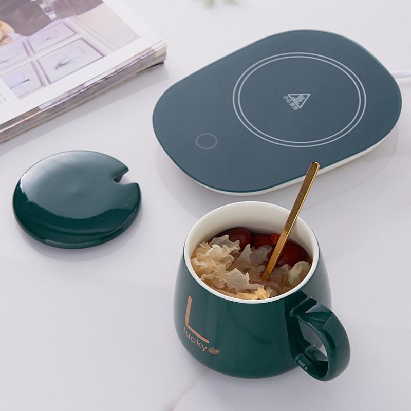 1 Sæt 55℃ Termisk Keramik Kaffekop Bærbar USB Genopladelig Opvarmningskop Med Rustfrit Stål Ske Gavekit Til Rejse Kontor Gave