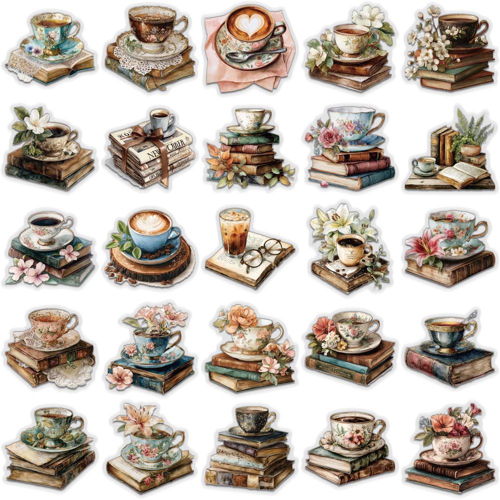 50 Creative Coffee and Books PET Transparent Stickers for Journals - 50 Sheets/Set