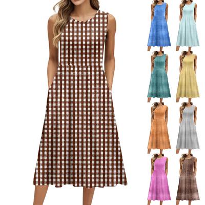 Kadın Moda Baskılı Yuvarlak Yaka Kolsuz Rahat Kazak Cep Orta Uzunlukta Elbise