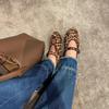 Sheepskin~ Genuine Leather One-word Buckle with Mary Jane Shoes Women's Soft-soled Ballet Flats Light Mouth Versatile Leopard Print Single Shoes