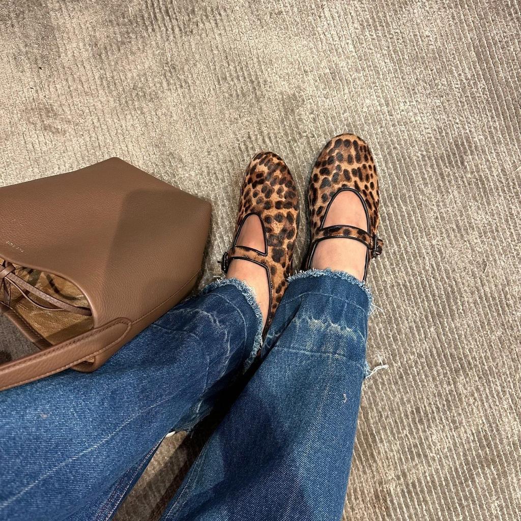 Sheepskin~ Genuine Leather One-word Buckle with Mary Jane Shoes Women's Soft-soled Ballet Flats Light Mouth Versatile Leopard Print Single Shoes