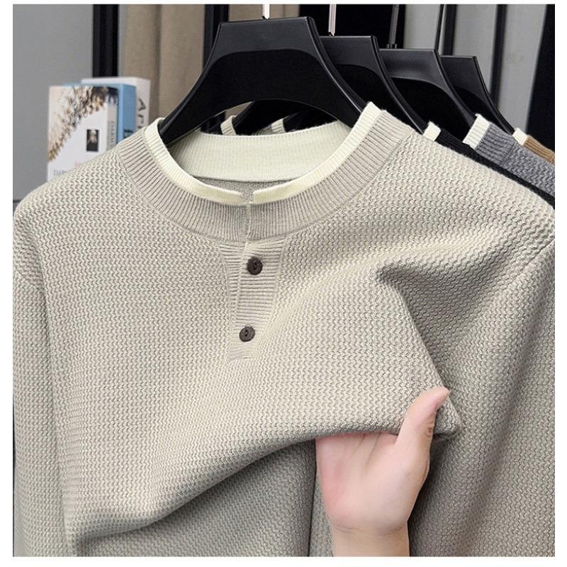 Men Fake Two Pieces Round Neck Long Sleeve Knitted Casual Pullover Sweater Top