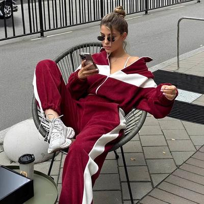Burgundy White Stripe Hooded Zipper Tracksuit Set