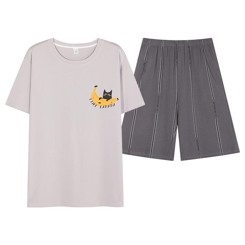 Couple's Summer Cotton Pajama Set: Cute Short Sleeve & Shorts for Women, Wear-Outside Style for Men.