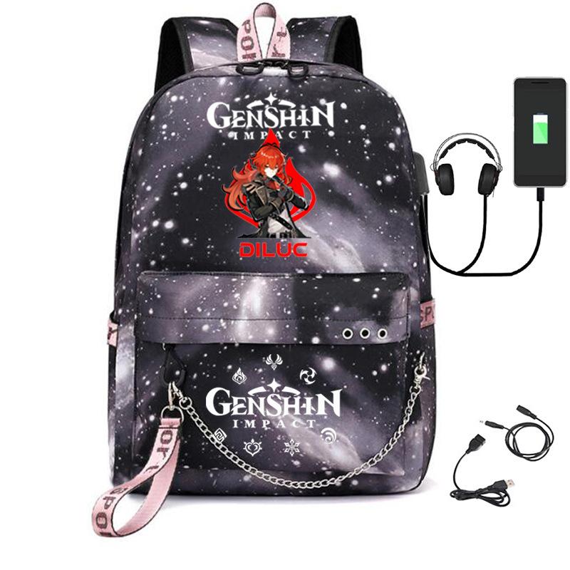 Harajuku Jugendliche Schultaschen Unisex Genshin Impact Reisetaschen USB-aufladbar Oxford Wasserdicht Notizbuch Schulterrucksäcke