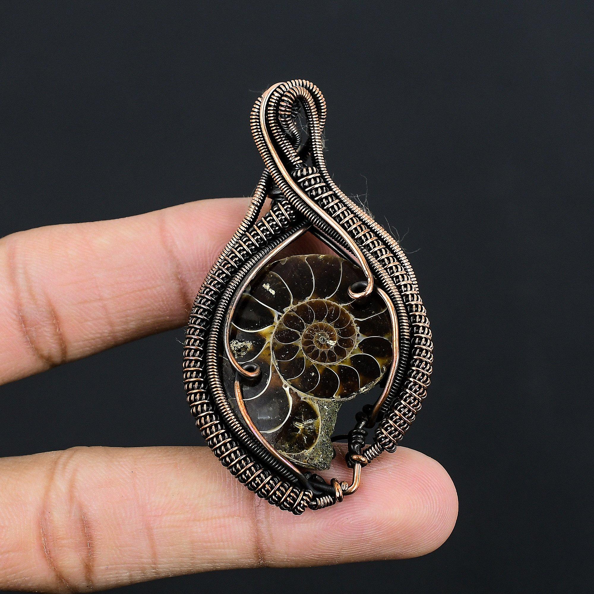 

Ammonite Fossil 999 Copper Wire Wrapped Pendant, Handmade Gemstone Jewelry Pendant For Memorial Day 2.55 Inches