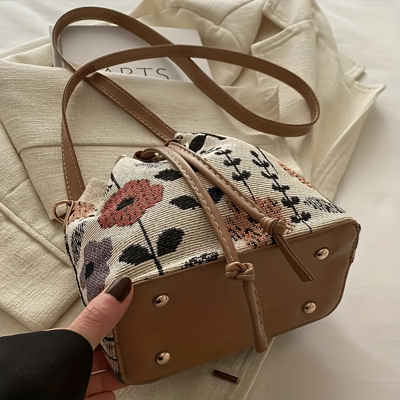 Women's Bucket Bag with Bright Flower Pattern and Adjustable Drawstring Messenger Bag, Suitable for Beach Tourism Parties