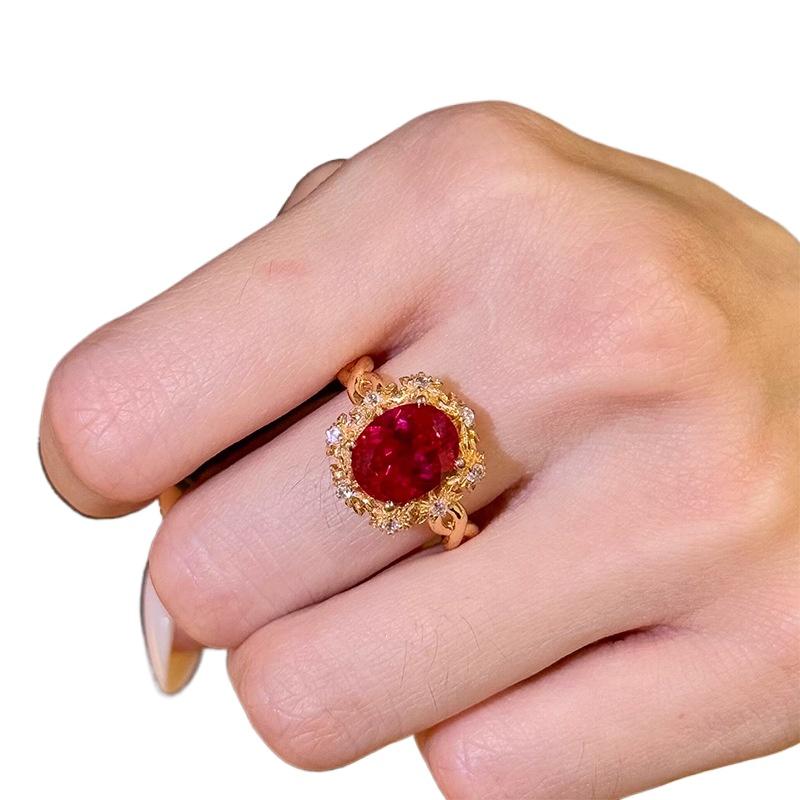 Classic inlay diamonds small flower ruby dark gemstone rings for women high-end and exquisite ring adjustable banquet jewelry