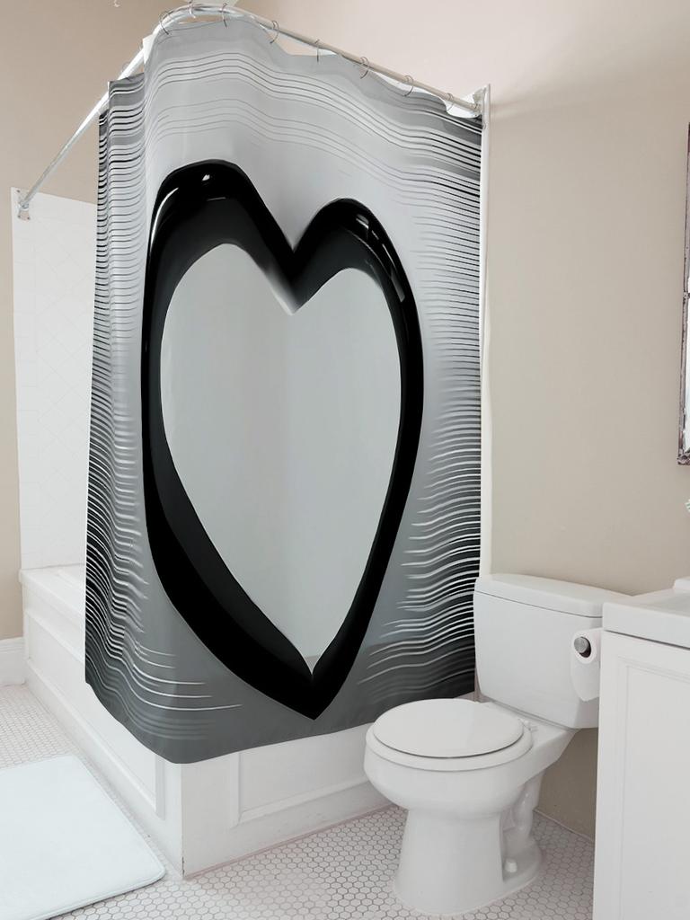 Stylish Monochrome Heart Shower Curtain - Waterproof, Mildew-Resistant, Machine Washable For Modern Bathroom Decor