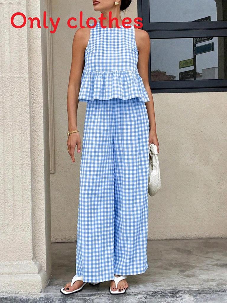 Casual Plaid Sleeveless Twopiece Set With Ruffle Hem For Women Spring Summer Comfort