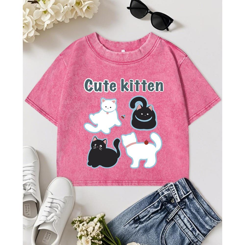 

Cute Kitten Cherry Prints Washed T-Shirt Women Casual Cotton T Shirt Soft Slim Short Sleeve Summer Sportswear M
