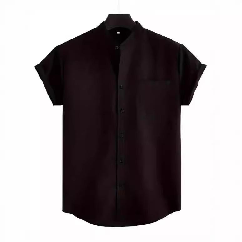 Men's Summer Solid Color Short Sleeve Cotton Linen Shirt Standing Collar Casual Wearable Tops