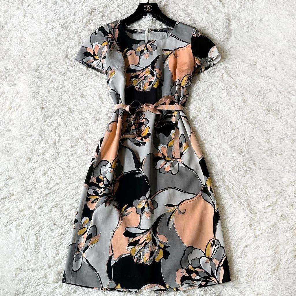 Used Aquascutum Ribbon Belt Short Sleeve Knee Length Floral Dress