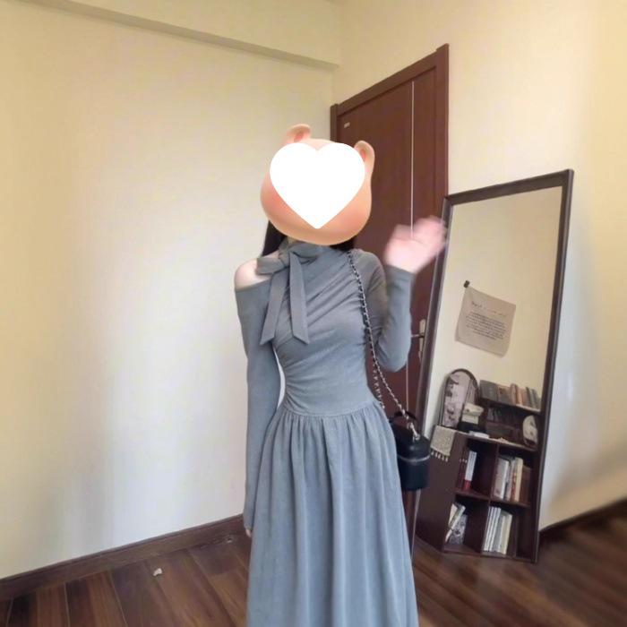 French Autumn Off-Shoulder Bow Halter Long Sleeve Dress Medium серый