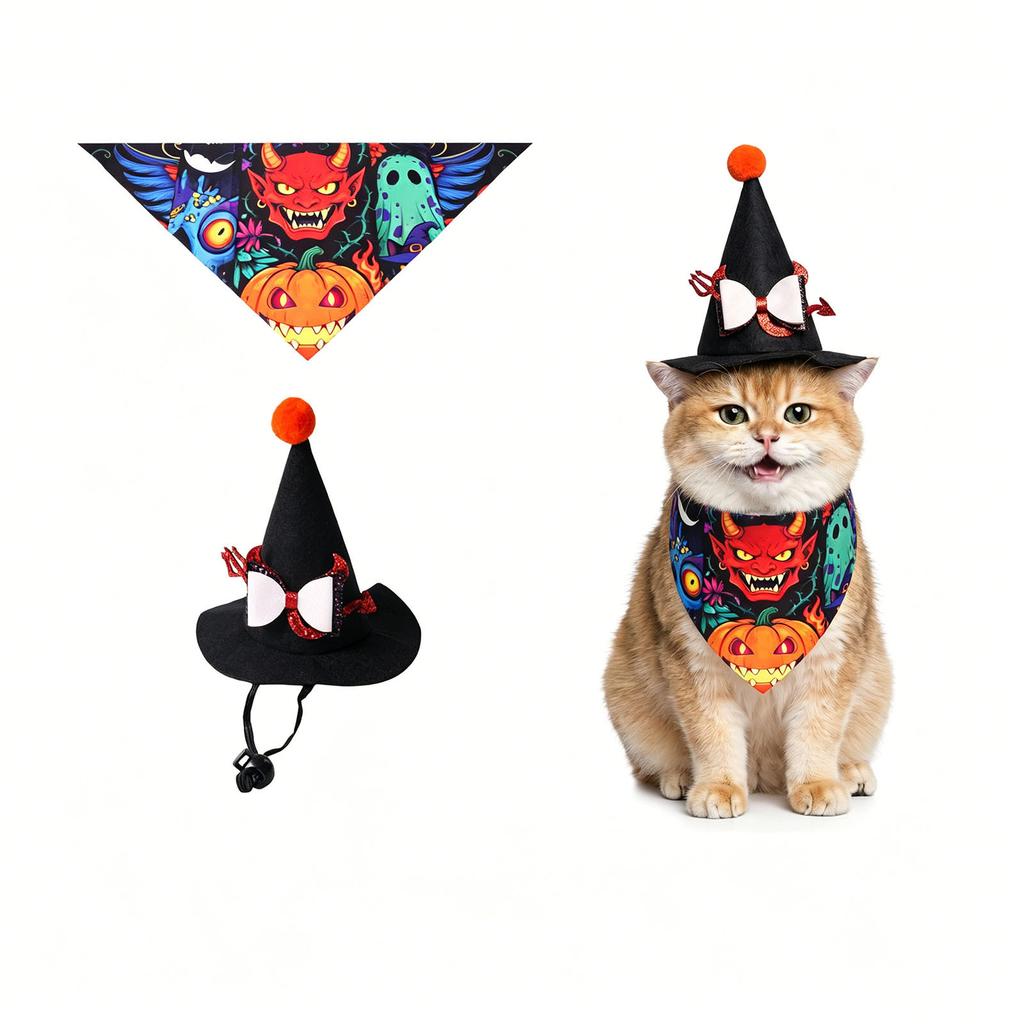 Pet Halloween Costume Hat and Bandana Set for Cats and Dogs