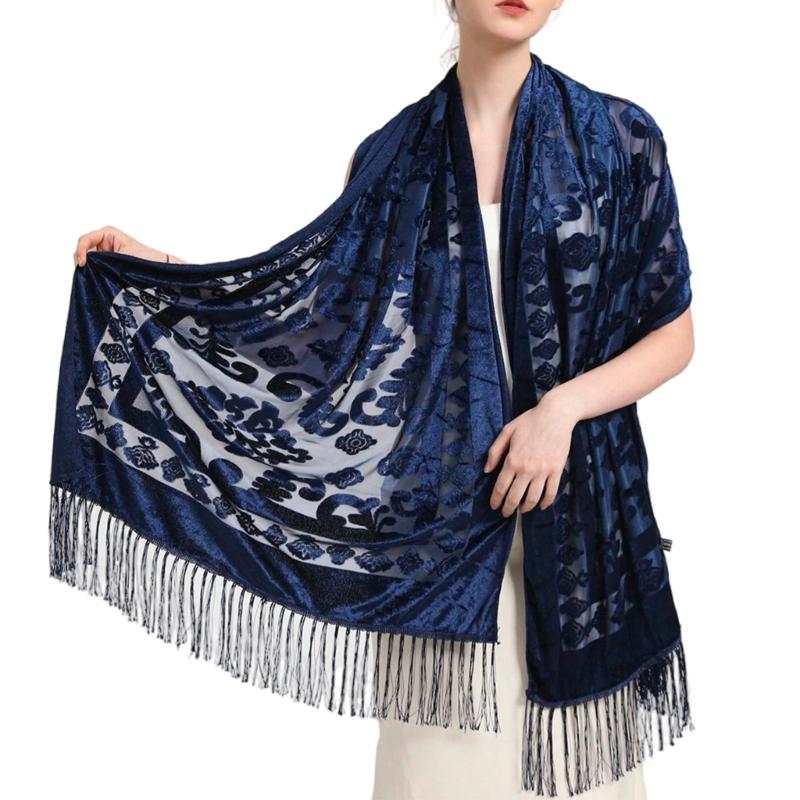 

Ethnic Style Shawl Elegant Cheongsam Shawl Multifunction Long Tassels Scarf Warm Air Conditioning Room Shoulder Wrap темно-синий