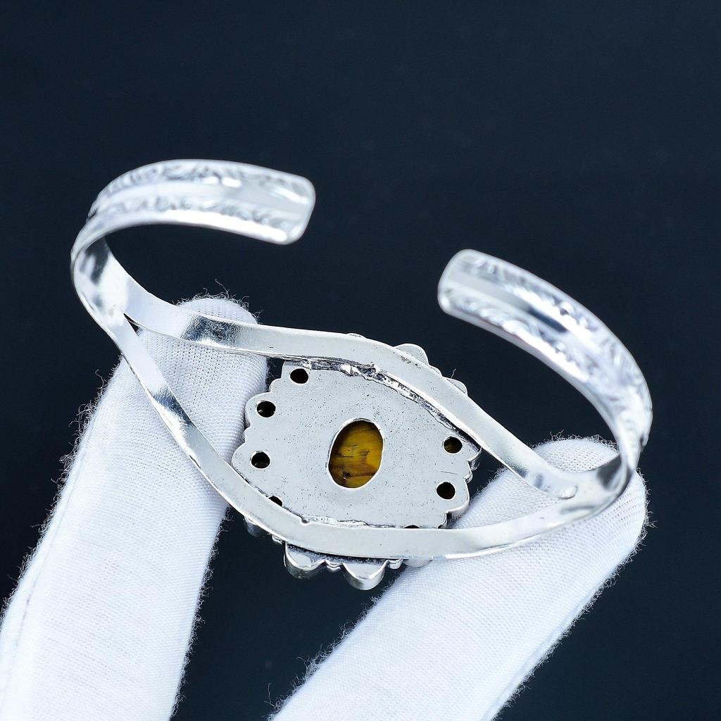 Natural Tiger Eye Gemstone Handmade Cuff Bangle 925 Sterling Silver Cuff Bangle, Tiger Eye Flower Shape Bracelet For Wife, Unisex Bangle For Gift