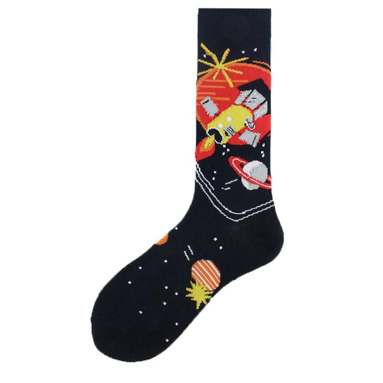 Happy Funny Unisex Painting UFO Astronaut Outer Space Rocket Men Crew Socks Male Boys Streetwear Cotton Causal Skateboard Sox