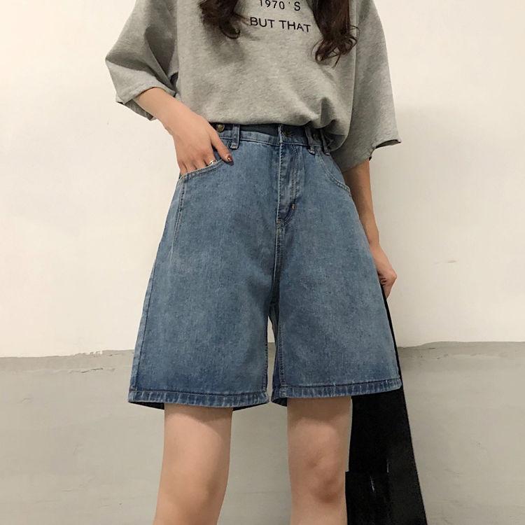 Summer Korean Version of High-waist Straight Denim Five-point Pants Ins Loose Retro Slim Wide-leg Pants Women