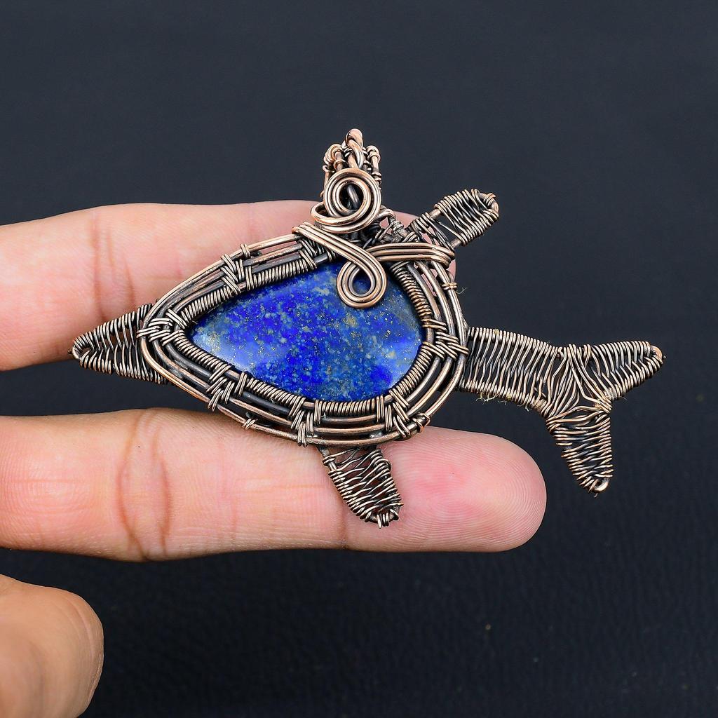 Unique Lapis Lazuli Gemstone Handmade Pure Copper Wire Wrapped Fish Pendant Jewelry