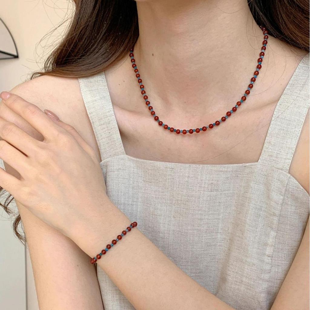 S925 Sterling Silver Chinese-Style Red Agate & Blue Apatite Floral Beaded Bracelet for Women