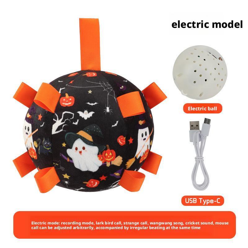 Halloween Hundespielzeug Bälle Elektrisch Interaktiv Eingebaute Glocke Plüschspielzeugball für Hunde Bissfestes Kauspielzeug mit Quietscher Haustierprodukt