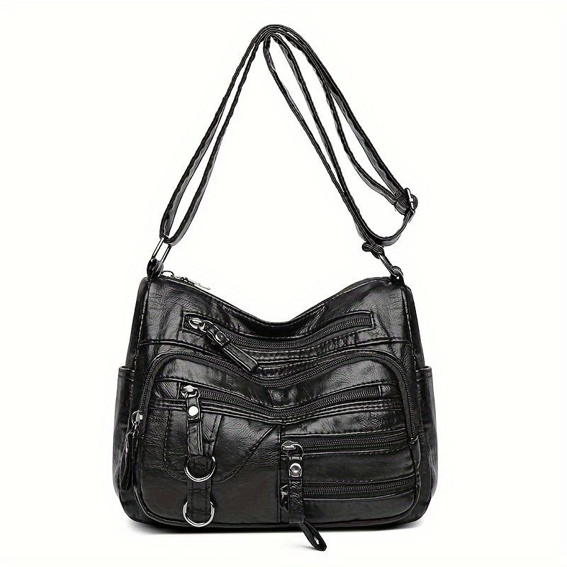 

Элегантное однотонное плечо через плечо в стиле ретро: Мягкая искусственная кожа, карманы на нескольких молниях для современной женщины чёрный