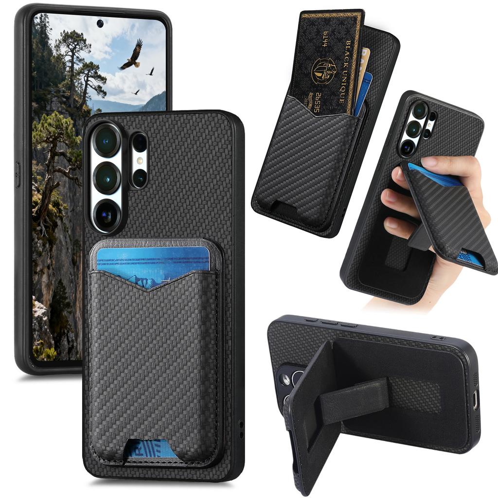Business Magnetic Carbon Fibre Vertical Cards Solt Wallet Case For Samsung S25 Ultra S24 Plus S23 A17 A07 Kickstand Cover