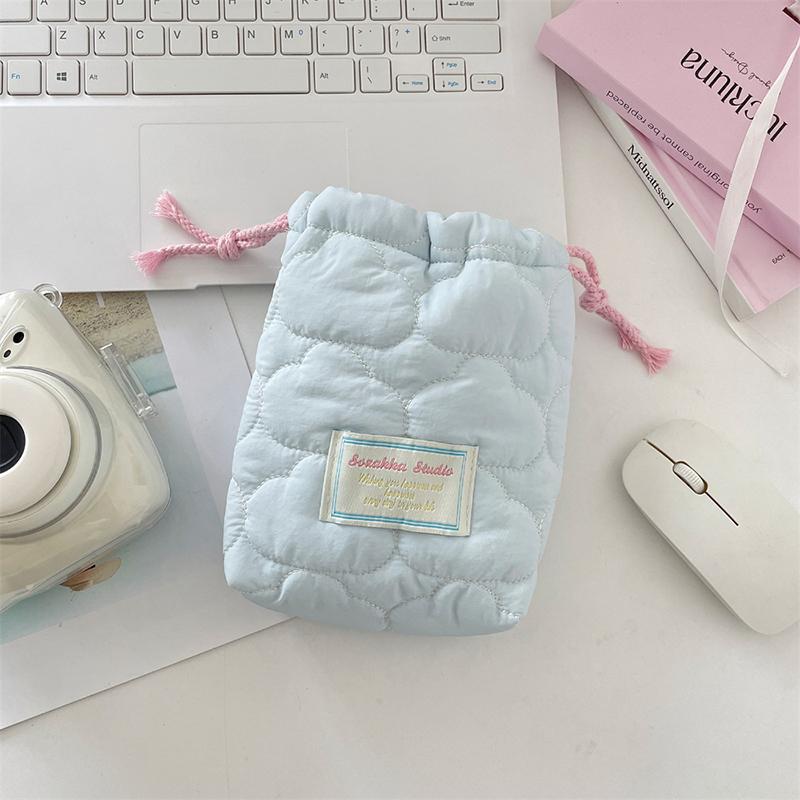 Drawstring Storage Bag For Camera Solid Color Heart Striped Organizer Candy Color Portable Travel Makeup Case