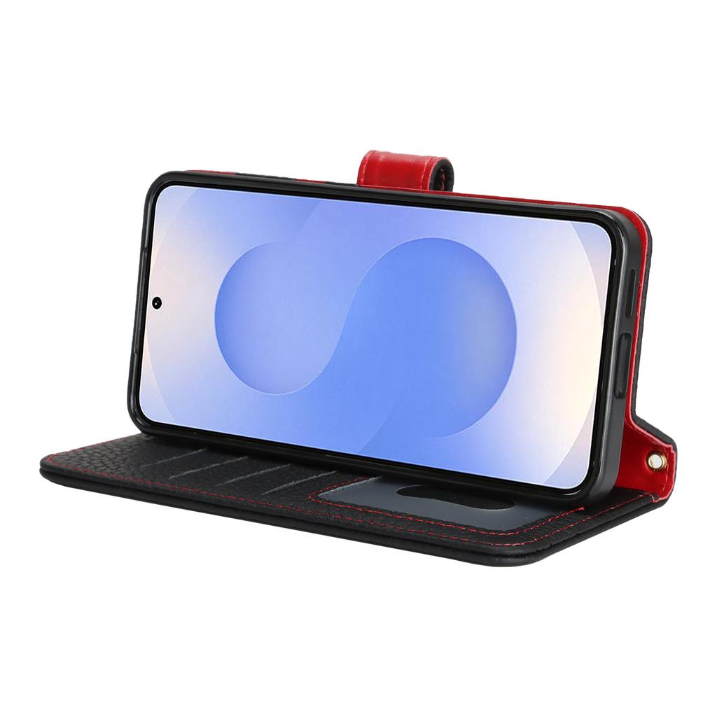 For Samsung Galaxy S25 Stand Case Litchi Texture Genuine Cow Leather Wallet Phone Cover RFID Blocking