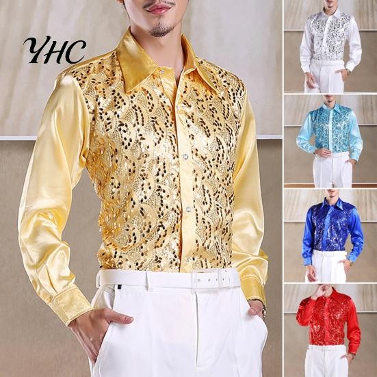 Sequin Embellished Men Shirt Luxury Sequins Performance Lapel Long Sleeve Single-Breasted Lightweight Wedding Stage Slim Fit Formal Casual Tops