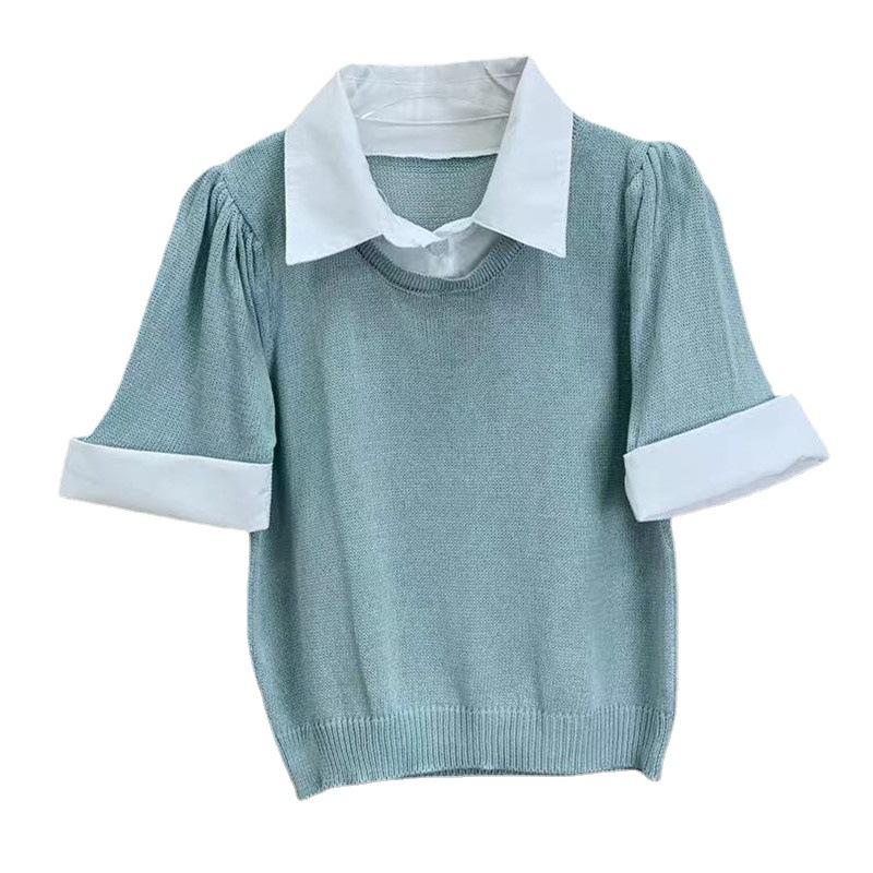 Summer Niche Ageing Knit Shirt Simple College Style Splicing Short-sleeved Tops Female Casual Essential Comfort and Style Slim Fit Pullovers Tees