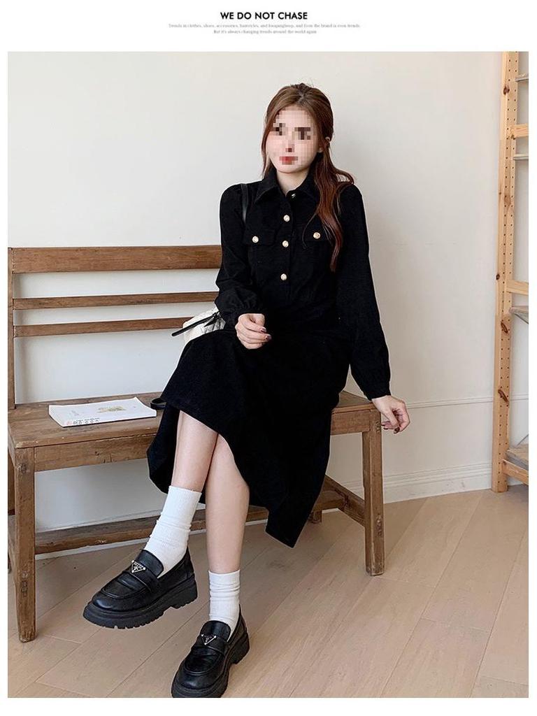 Thickened 300g Corduroy Hepburn-Style Long-Sleeve Dress | Large Autumn/Winter Coffee Break