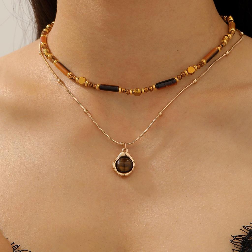 Brown Leather Sun & Star Double-Layer Choker Necklace - Y2K Niche Style for Women