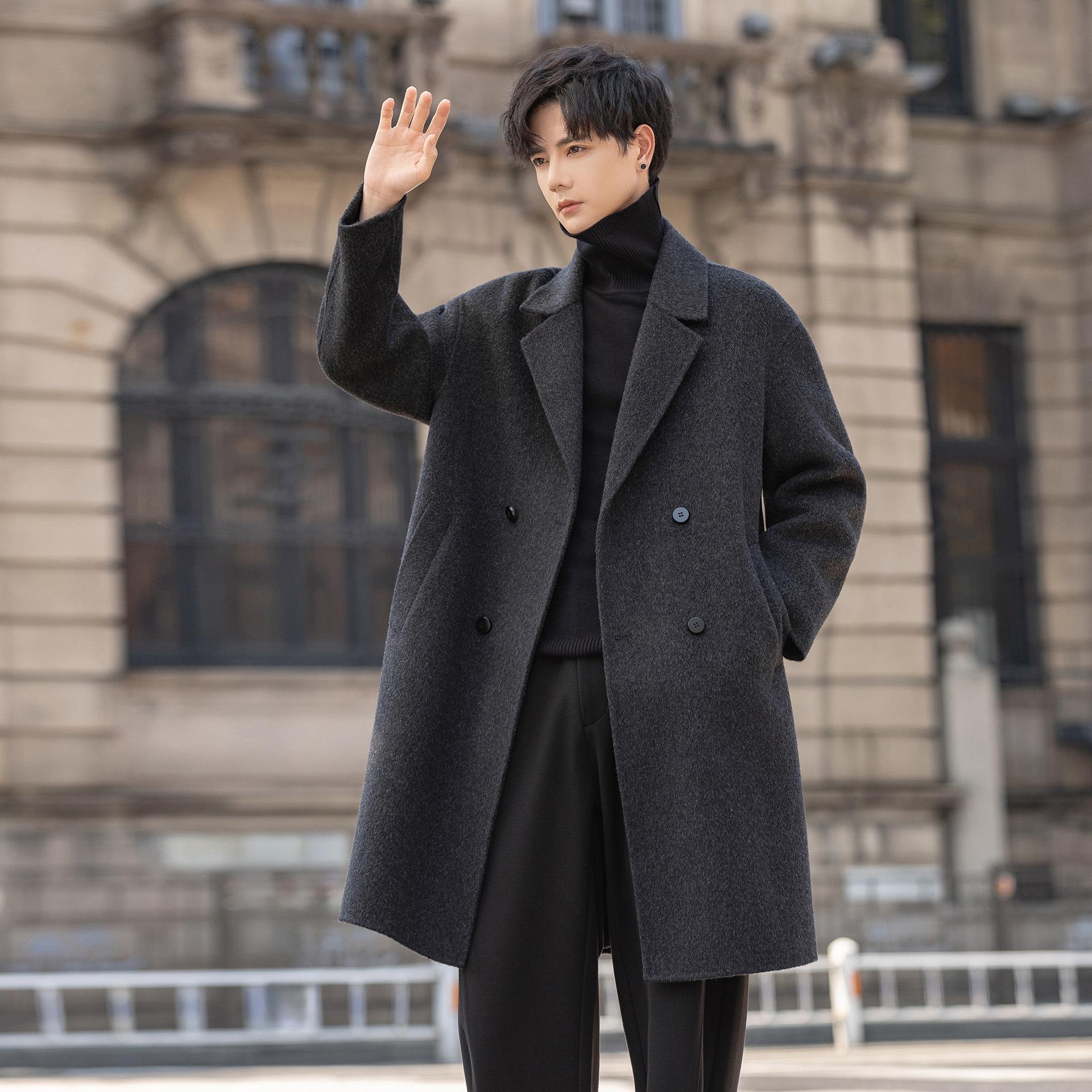

Trendy Brand 2025 Men s High-End Double-Sided Wool Coat - Mid-Length Winter Outerwear XXL деревне вугілля/сірий колір