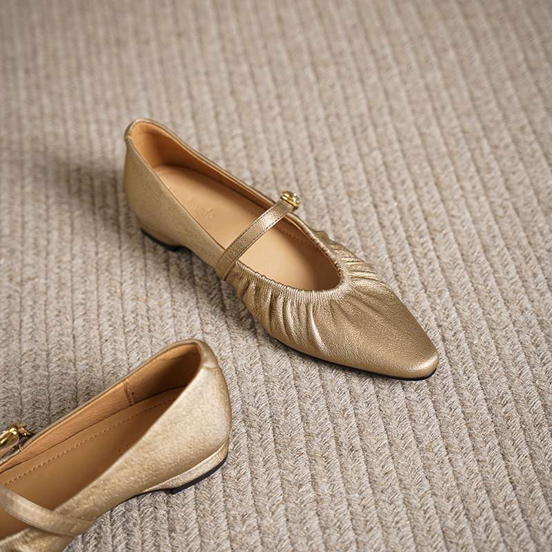 Krazing Pot Sheep Skin Summer Spring Autumn Low Heels Women Square Toe Mary Janes Shallow Pleated Decoration Pumps