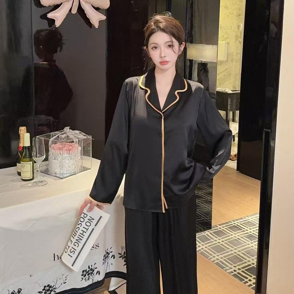 High-end Ice Silk Pajamas Women's Summer New Long-sleeved Trousers Doll Collar Set Korean Version of Ice and Snow Silk Women's Loungewear