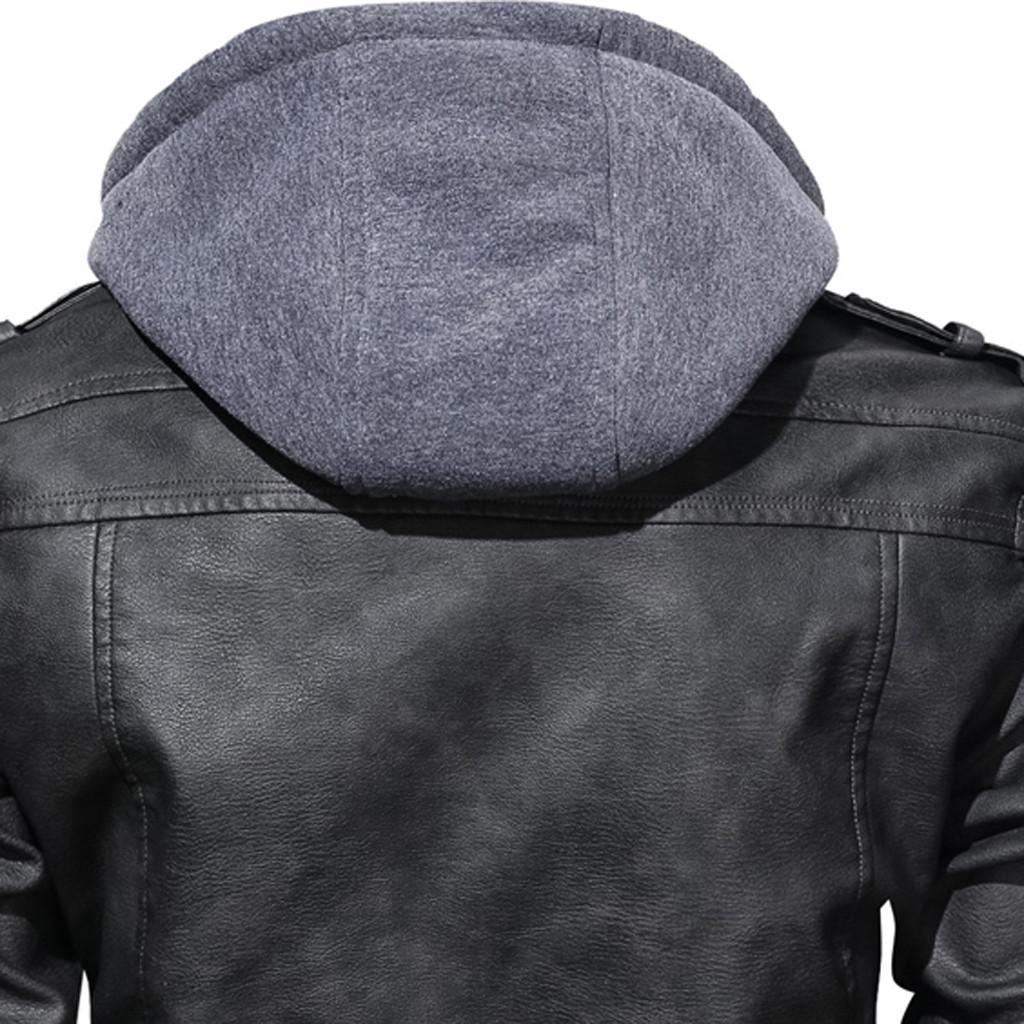 Men's  Winter Vintage Zipper Hoodie  Color Imitation Leather Coat