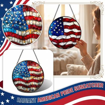 Round Mosaic Glass Panel Hanging Decor Stained Glass Art Suncatcher with Flag Pattern for Indoor Outdoor Display