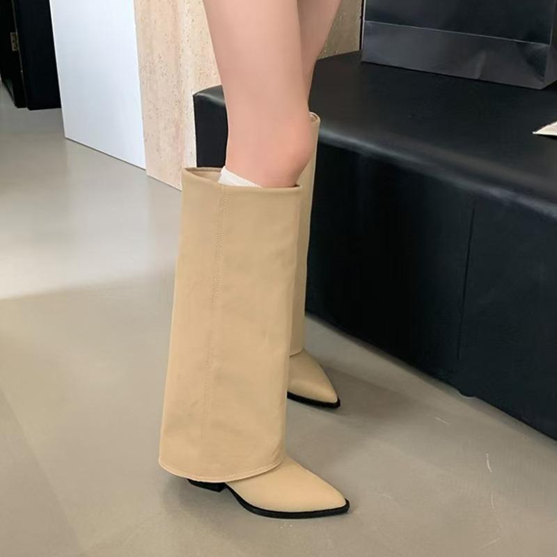 Four Season Women Knee High Boots Pointed Toe Black Apricot Coarse Heeled Boots  New Slip on Sexy Party Pumps