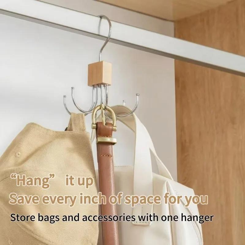 1/2/3pcs 360° Rotating Storage Hanger Hook Multi-Claw Bag Metal Belts Rack Multifunctional Hook Wooden Organizer For Bras Ties