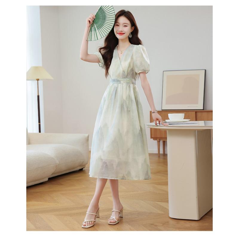 Fashion High Waist Summer Dress Floral Print Chinese Style Midi Short Sleeve